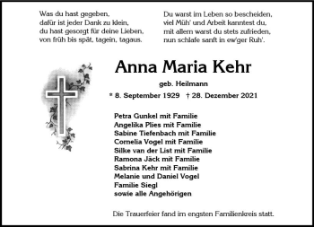 Traueranzeige von Anna Maria Kehr von vrm-trauer Wiesbadener Kurier