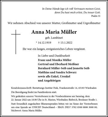 Traueranzeige von Anna Maria Müller von vrm-trauer Wiesbadener Kurier
