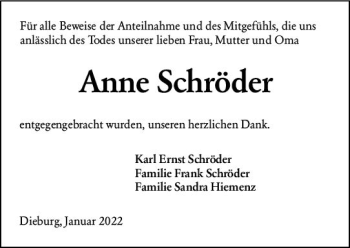 Traueranzeige von Anne Schröder von vrm-trauer DieburgerAnzeiger/Groß-Zimmerner Lokala