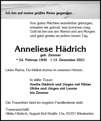 Traueranzeige von Anneliese Hädrich von vrm-trauer Wiesbadener Kurier