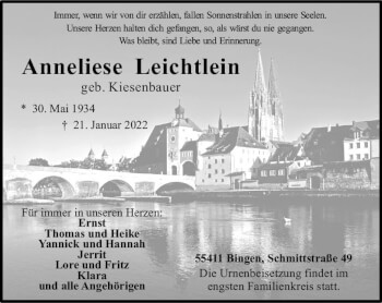 Traueranzeige von Anneliese Leichtlein von vrm-trauer Allgemeine  Zeitung Ingelheim-Bingen