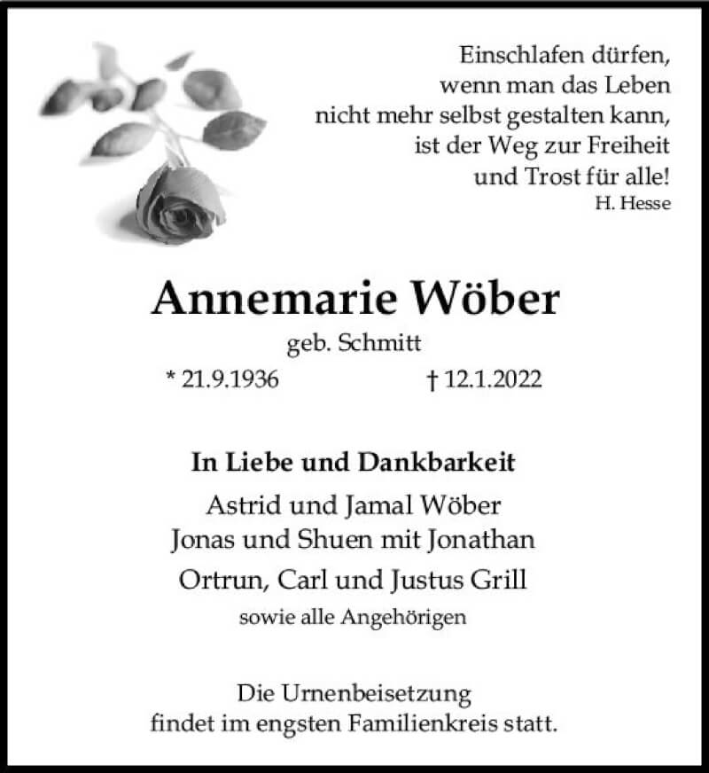  Traueranzeige für Annemarie Wöber vom 22.01.2022 aus vrm-trauer AZ Mainz