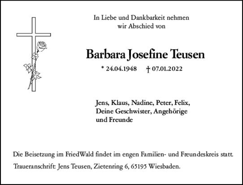  Traueranzeige für Barbara Josefine Teusen vom 14.01.2022 aus vrm-trauer Wiesbadener Kurier