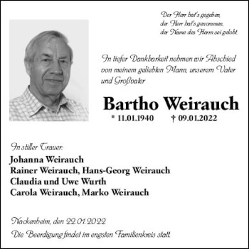 Traueranzeige von Bartho Weirauch von vrm-trauer AZ Mainz