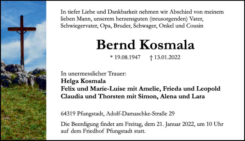  Traueranzeige für Bernd Kosmala vom 19.01.2022 aus vrm-trauer Darmstädter Echo