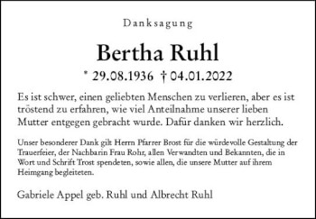 Traueranzeige von Bertha Ruhl von vrm-trauer Allgemeine  Zeitung Ingelheim-Bingen