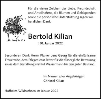 Traueranzeige von Bertold Kilian von vrm-trauer Wiesbadener Kurier