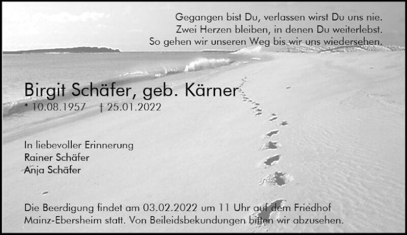  Traueranzeige für Birgit Schäfer vom 29.01.2022 aus vrm-trauer AZ Mainz