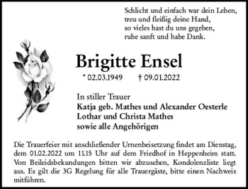 Traueranzeige von Brigitte Ensel von vrm-trauer Bergsträßer Anzeiger