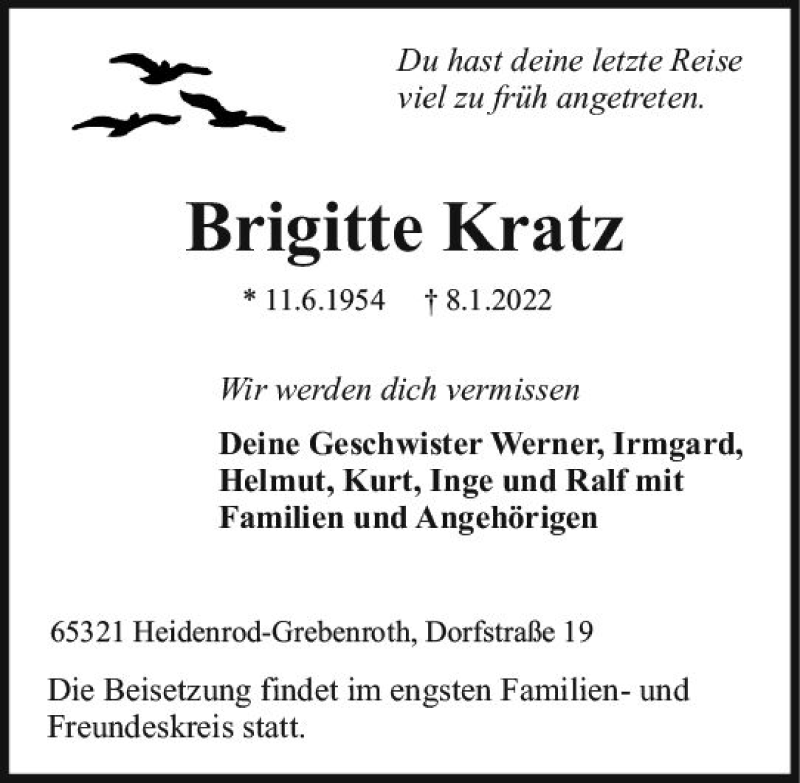 Traueranzeige für Brigitte Kratz vom 12.01.2022 aus vrm-trauer Wiesbadener Kurier