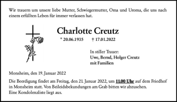 Traueranzeige von Charlotte Creutz von vrm-trauer Wormser Zeitung