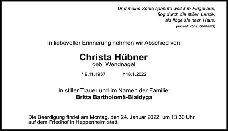  Traueranzeige für Christa Hübner vom 20.01.2022 aus vrm-trauer Bürstädter/Lamperth. Ztg/Starkenburger