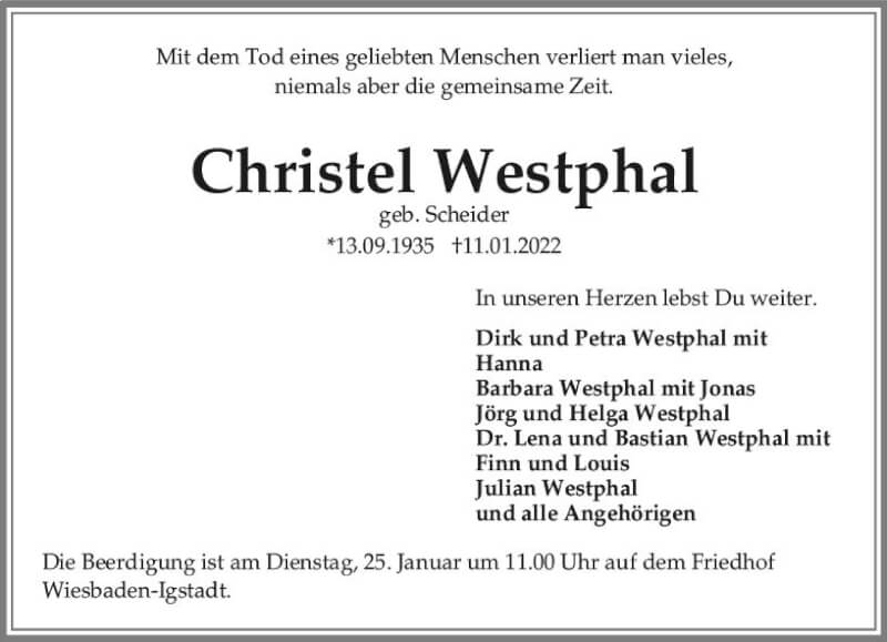  Traueranzeige für Christel Westphal vom 15.01.2022 aus vrm-trauer Wiesbadener Kurier