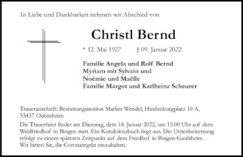 Traueranzeige von Christl Bernd von vrm-trauer Allgemeine  Zeitung Ingelheim-Bingen