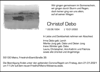 Traueranzeige von Christof Debo von vrm-trauer AZ Mainz