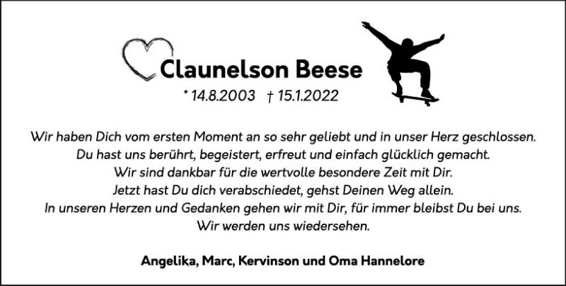  Traueranzeige für Claunelson Beese vom 26.01.2022 aus vrm-trauer AZ Mainz
