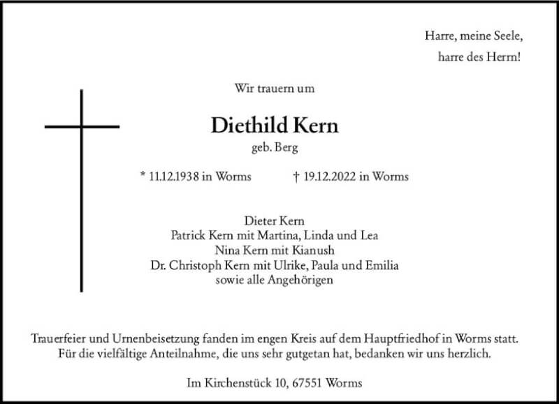  Traueranzeige für Diethild Kern vom 22.01.2022 aus vrm-trauer Wormser Zeitung