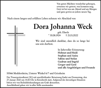 Traueranzeige von Dom Johanna Weck von vrm-trauer Allg. Zeitung Bad Kreuznach