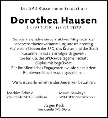 Traueranzeige von Dorothea Hausen von vrm-trauer Rüsselsheimer Echo / MainSpitze