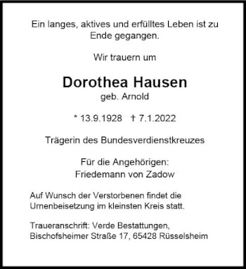 Traueranzeige von Dorothea Hausen von vrm-trauer Rüsselsheimer Echo / MainSpitze