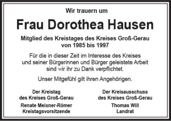 Traueranzeige von Dorothea Hausen von vrm-trauer Groß-Gerauer Echo