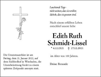Traueranzeige von Edith Ruth Schmidt-Lissel von vrm-trauer Wiesbadener Kurier