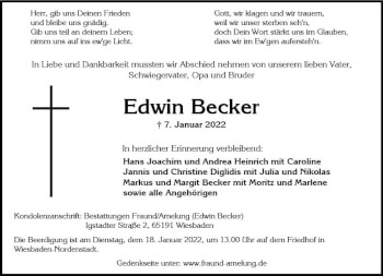 Traueranzeige von Edwin Becker von vrm-trauer Wiesbadener Kurier