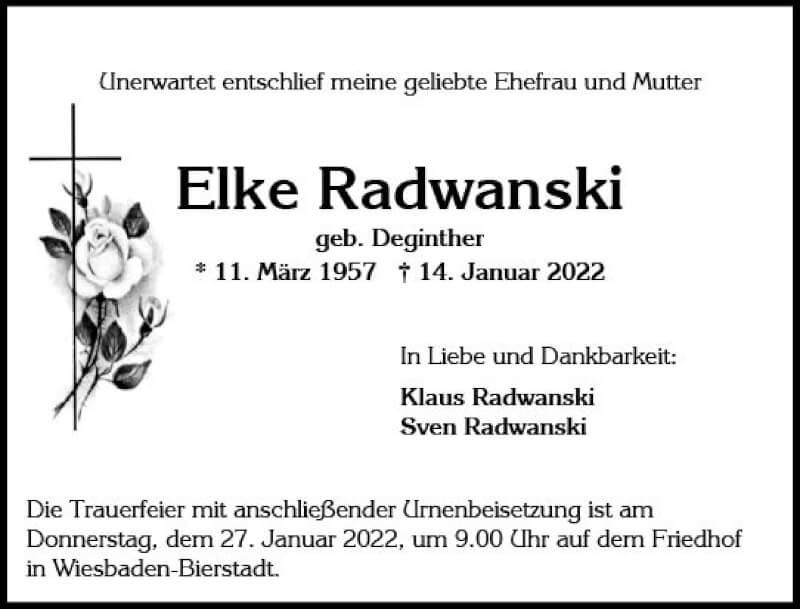  Traueranzeige für Elke Radwanski vom 22.01.2022 aus vrm-trauer Wiesbadener Kurier
