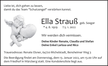 Traueranzeige von Ella Strauß von vrm-trauer Odenwälder Echo