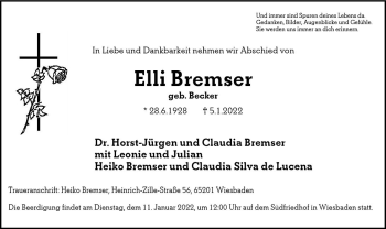 Traueranzeige von Elli Bremser von vrm-trauer Wiesbadener Kurier