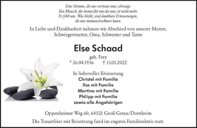  Traueranzeige für Else Schaad vom 29.01.2022 aus vrm-trauer Groß-Gerauer Echo