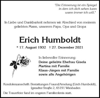 Traueranzeige von Erich Humboldt von vrm-trauer Wiesbadener Kurier