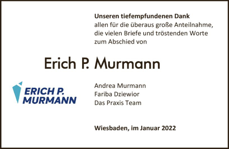  Traueranzeige für Erich P. Murmann vom 08.01.2022 aus vrm-trauer Wiesbadener Kurier