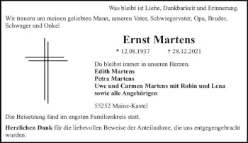 Traueranzeige von Ernst Martens von vrm-trauer AZ Mainz