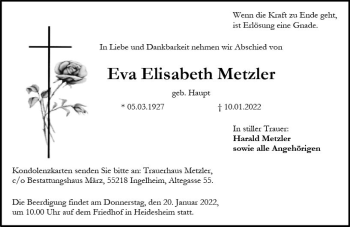 Traueranzeige von Eva Elisabeth Metzler von vrm-trauer Allgemeine  Zeitung Ingelheim-Bingen