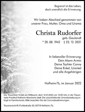 Traueranzeige von Christa Rudorfer 