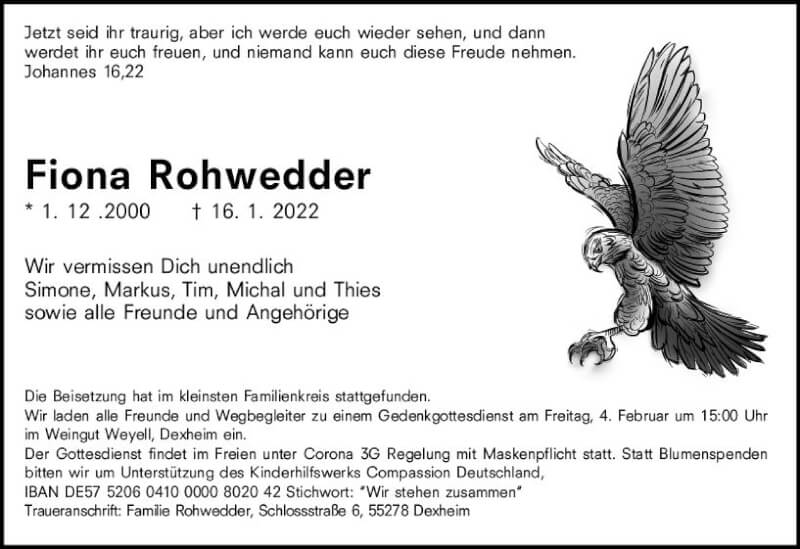  Traueranzeige für Fiona Rohwedder vom 29.01.2022 aus vrm-trauer AZ Mainz