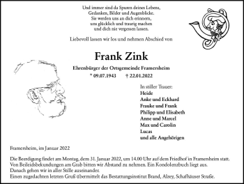 Traueranzeige von Frank Zink von vrm-trauer Allgemeine Zeitung Alzey