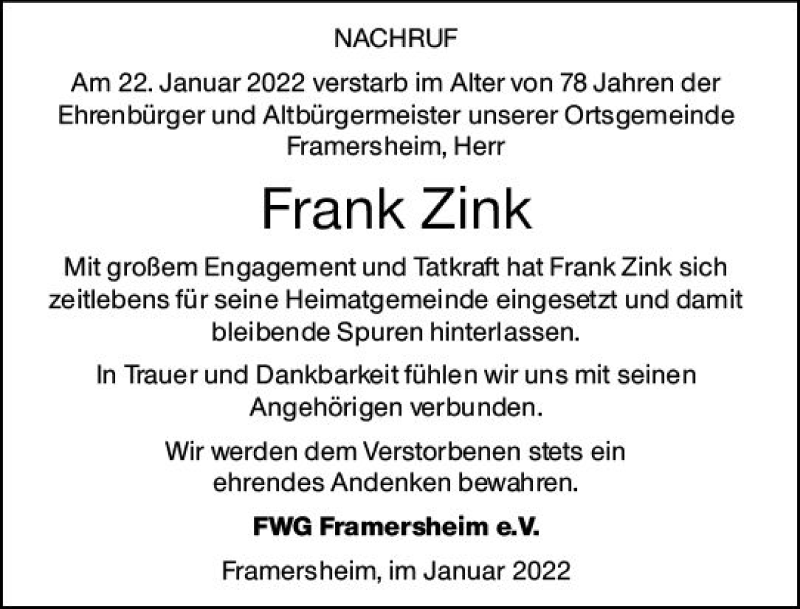  Traueranzeige für Frank Zink vom 28.01.2022 aus vrm-trauer Allgemeine Zeitung Alzey