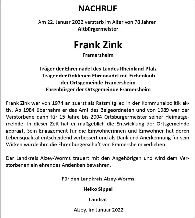  Traueranzeige für Frank Zink vom 28.01.2022 aus vrm-trauer Allgemeine Zeitung Alzey