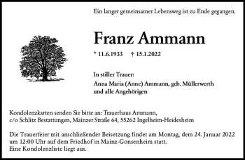 Traueranzeige von Franz Ammann von vrm-trauer AZ Mainz