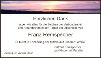 Traueranzeige von Franz Remspecher von vrm-trauer DieburgerAnzeiger/Groß-Zimmerner Lokala
