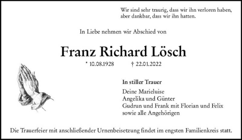  Traueranzeige für Franz Richard Lösch vom 29.01.2022 aus vrm-trauer Groß-Gerauer Echo
