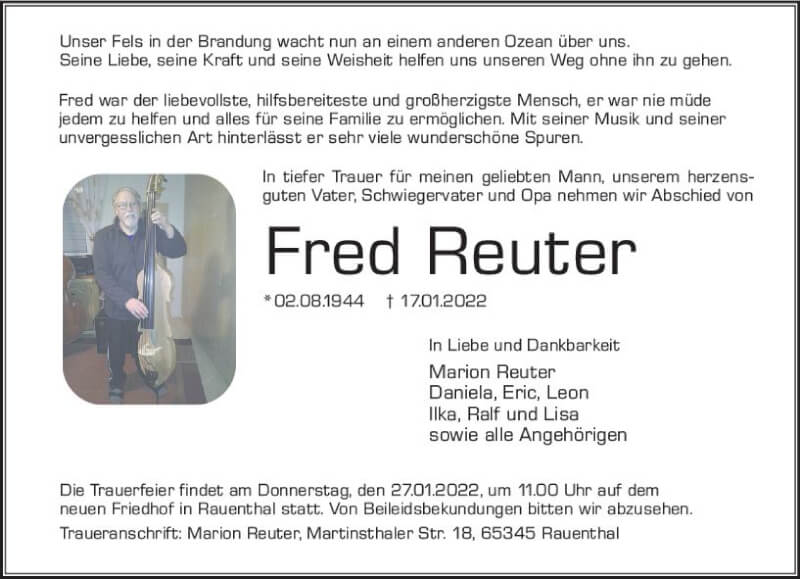  Traueranzeige für Fred Reuter vom 22.01.2022 aus vrm-trauer Wiesbadener Kurier