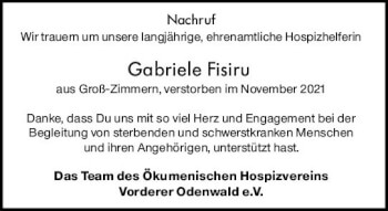 Traueranzeige von Gabriele Fisiru von vrm-trauer Darmstädter Echo