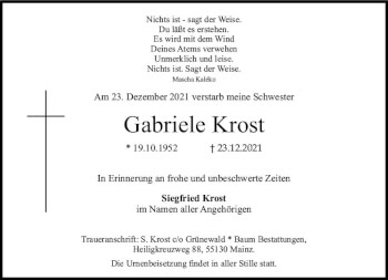 Traueranzeige von Gabriele Krost von vrm-trauer AZ Mainz