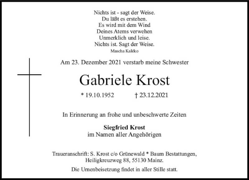  Traueranzeige für Gabriele Krost vom 15.01.2022 aus vrm-trauer AZ Mainz