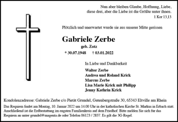 Traueranzeige von Gabriele Zerbe von vrm-trauer Wiesbadener Kurier
