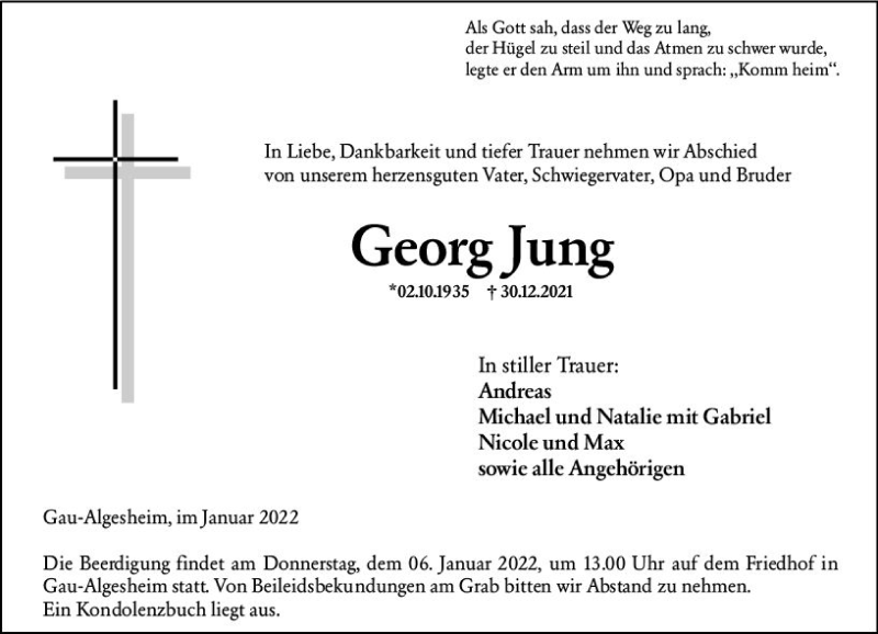  Traueranzeige für Georg Jung vom 04.01.2022 aus vrm-trauer Allgemeine  Zeitung Ingelheim-Bingen