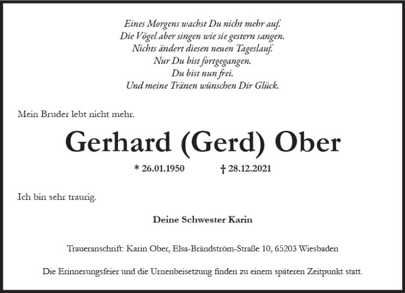  Traueranzeige für Gerhard Ober vom 08.01.2022 aus vrm-trauer Wiesbadener Kurier